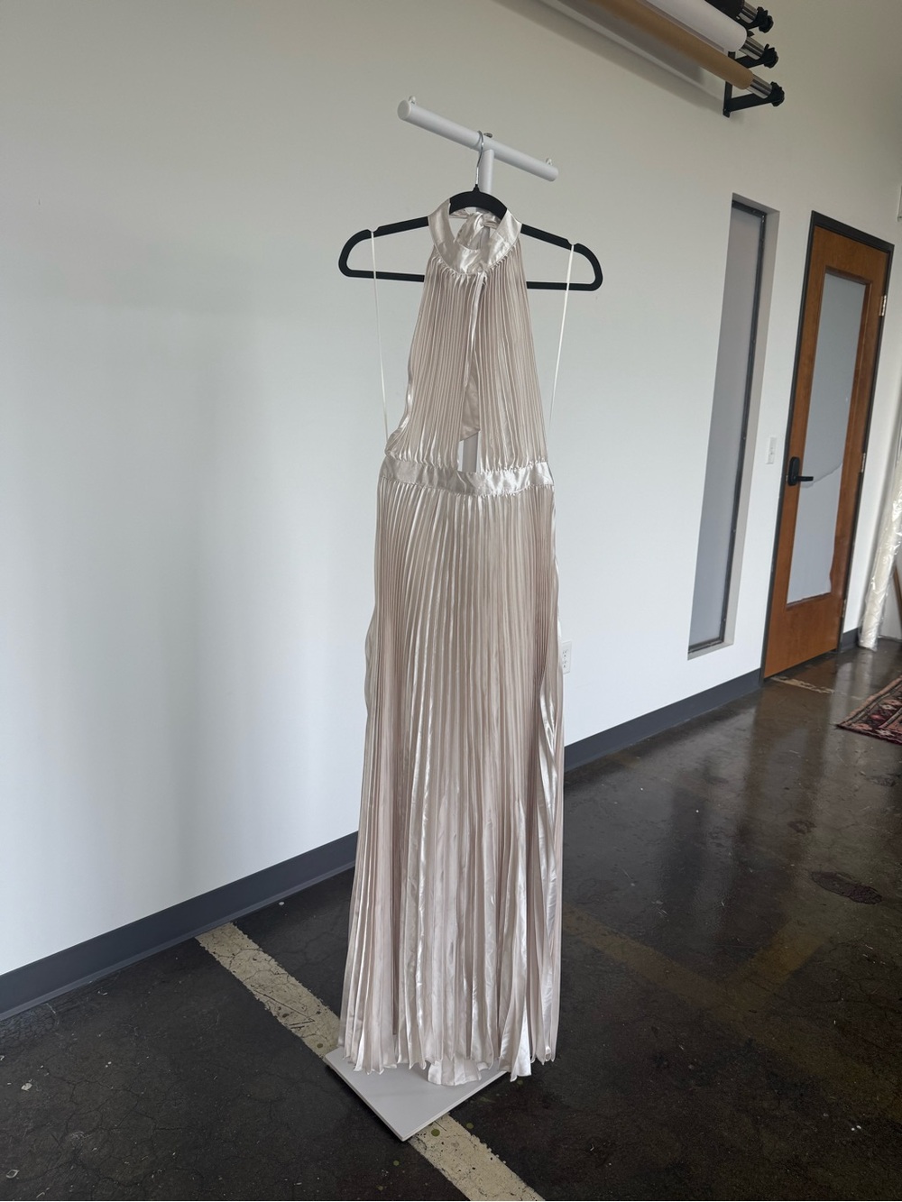 Selfie Leslie Metallic Pleated Halter Maxi Dress in Champagne